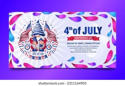 4th July Independence Day banner with Cute gnomes girl, Balloons and fireworks vector Illustration 