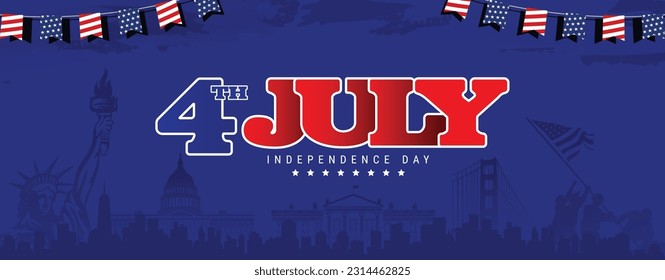 4. Juli Unabhängigkeit Tag Banner Hintergrund, Poster, Flyer, Vorlage, mit usa berühmten Wahrzeichen, bunte Dekoration, neue york Skyline, etc, auf blauem Hintergrund. Vektorgrafik.