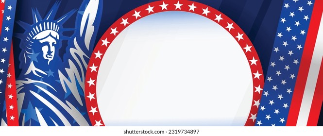 4th of July independence day banner background, poster, template, flyer with blank copy space for greeting text with the Statue of Liberty and usa ribbon. Vector illustration. 
