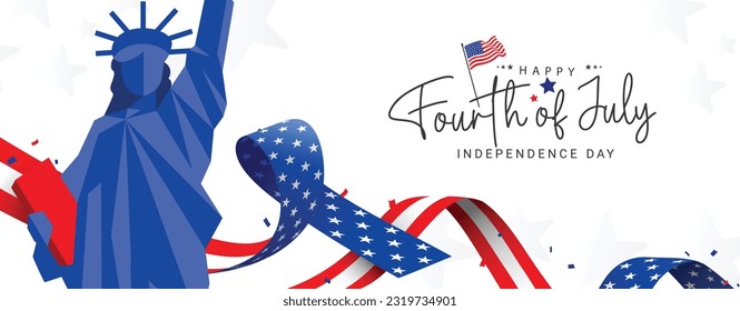 4th of July independence day banner background, poster, flyer, template, with the statue of Liberty, usa waving flag, and American ribbon isolated on white background. Vector illustration.