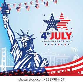 4th of July independence day banner background with the Statue of Liberty, American waving flag, and new york cityscape. Vector illustration.