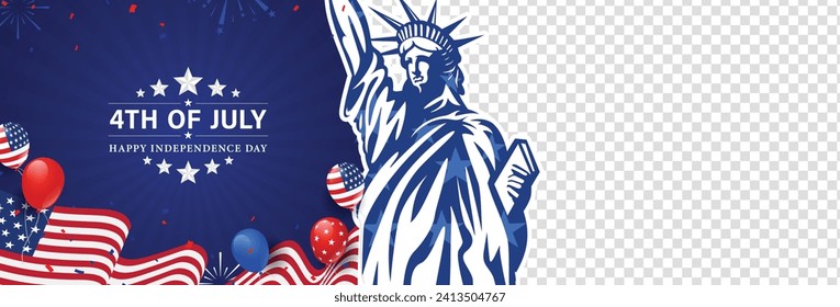 4th of July independence day banner template with waving USA flag, balloons, and greeting. Blank, empty, transparent, copy space for text or image, vector illustration.