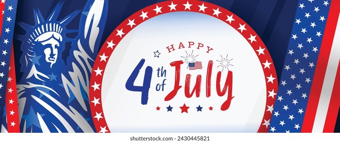 4th of July independence day banner, poster, background, template, greeting, with the statue of liberty and USA flag ribbon. Vector illustration.