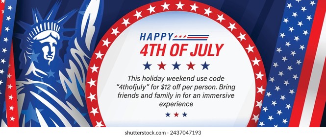 4th of July independence day banner, poster, background, template, greeting, with the statue of liberty and USA flag ribbon. Vector illustration.
