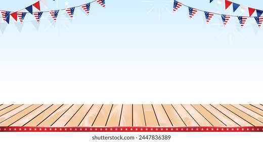 4th of July independence day banner background with USA bunting decoration and blank wooden floor stage for product display, and vector illustration.