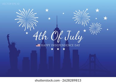 4th of July Independence Day Banner with Statue of Liberty Fireworks and American Flag