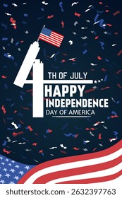4th of July Independence Day banner with USA flag, confetti, and modern patriotic design. Great for American celebration and holiday themes