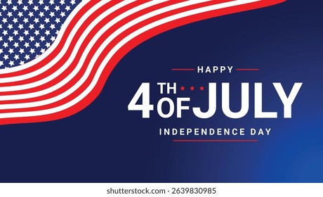 4th of july independence day banner with waving american flag and patriotic text on blue background