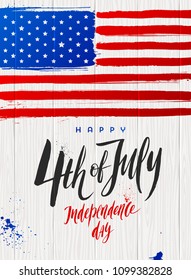 4th of July, Independence day - Brush calligraphy greeting and USA flag on a wooden plank background. Vector illustration.