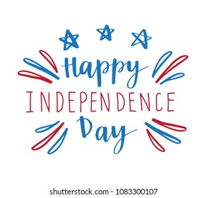 4th of July independence day card, poster or banner design. Fireworks and lettering text in national american colors,