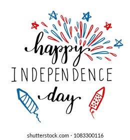 4th of July independence day card, poster or banner design. Fireworks and lettering text in national american colors,