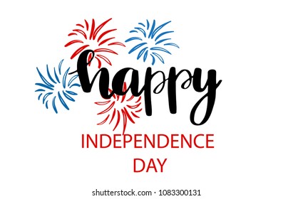 4th of July independence day card, poster or banner design. Fireworks and lettering text in national american colors,