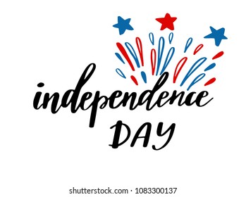 4th of July independence day card, poster or banner design. Fireworks and lettering text in national american colors,