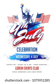 4th of July, Independence Day celebration flyer, poster, banner design with Statue of Liberty, and waving flags on white background.