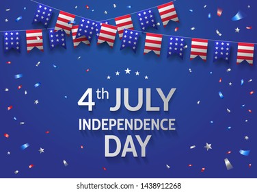 4th July Independence Day celebration greeting banner with flags and confetti on blue background. - Vector