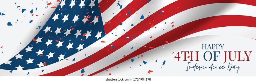 4th of July Independence Day celebration banner or header. USA national holiday design concept with a waving flag and confetti. Vector illustration.