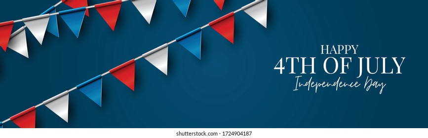 4th of July Independence day celebration banner or header. USA national holiday design concept with bunting flags. Vector illustration.