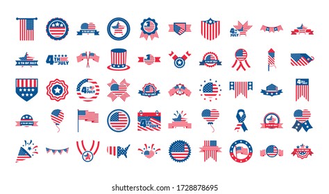 4th of july independence day, celebration honor memorial american flag icons set vector illustration flat style icon