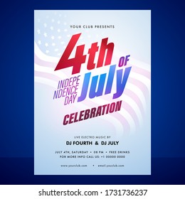 4th Of July, Independence Day Celebration Invitation Or Flyer Design With Event Details On Glossy USA Wavy Flag Background.