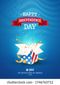 4th of July Independence day celebration of the United states vector illustration. Gift box with explosion of confetti on nationality flag of USA background.