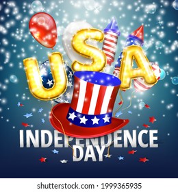 4th of July - Independence Day celebration background with hat, balloons, American flag and balloon letters. Vector 3d illustration