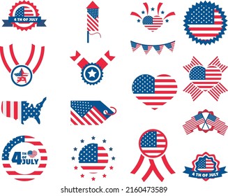 
4th of July independence day celebration honor memorial American flag icons set block and flat style icon svg