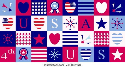 4th July independence day of celebration. Stars and stripes, fireworks, hearts, letters, and American flags in red, white, and blue on each square box. Seamless vector design.