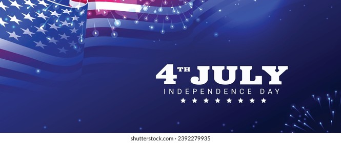 4. Juli Unabhängigkeitstag Fest-Banner mit Feuerwerk, und usa wehende Fahne auf dunkelblauem Hintergrund. Vektorgrafik.