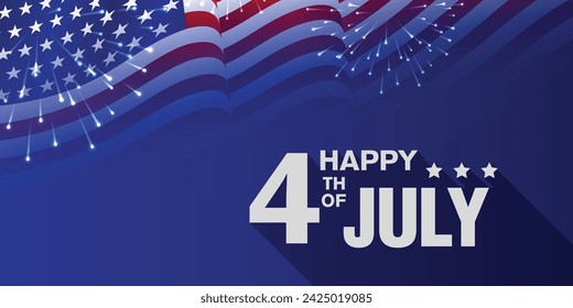 4th of July independence day celebration banner with fireworks, and usa waving flag on dark blue background. Vector illustration.