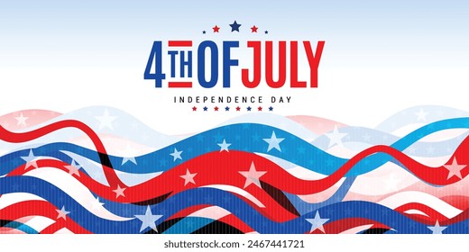 4th of July Independence Day celebration banner background with red and blue wavey ribbons or shapes and stars. Vector illustration. 
