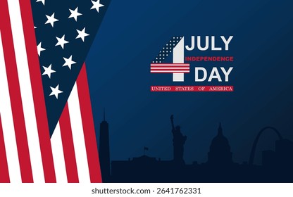 4th of July Independence Day Celebration with USA Flag, Fireworks, Liberty Landmarks, and Bald Eagle Silhouette. America Independence Day.