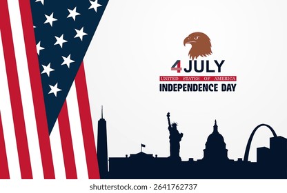4th of July Independence Day Celebration with USA Flag, Fireworks, Liberty Landmarks, and Bald Eagle Silhouette. America Independence Day.