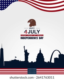 4th of July Independence Day Celebration with USA Flag, Fireworks, Liberty Landmarks, and Bald Eagle Silhouette. America Independence Day.