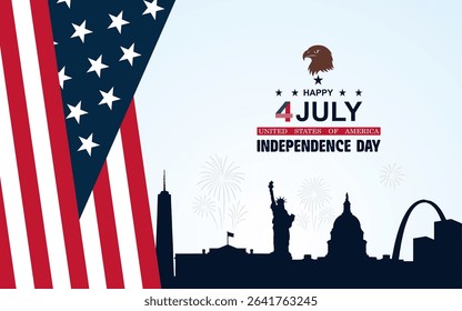 4th of July Independence Day Celebration with USA Flag, Fireworks, Liberty Landmarks, and Bald Eagle Silhouette. America Independence Day.