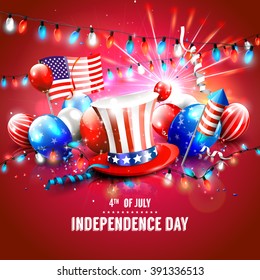 4th of July - Independence Day celebration background with hat, balloons and American flag