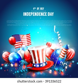 4th of July - Independence Day celebration background with hat, balloons, American flag and place for your text