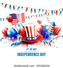 4th of July - Independence Day celebration background with hat, balloons, American flag and place for your text