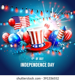 4th of July - Independence Day celebration background with hat, balloons and American flag