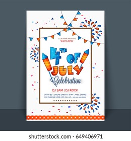 4th of July, Independence Day celebration flyer, template, banner or invitation card with American Flag color buntings and fireworks decoration.