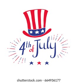 4th of July - Independence day celebration card. Vector hand drawn illustration with hat in flag's color.