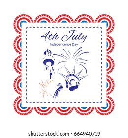 4th of July Independence Day celebration. Banner with Statue of Liberty from United States. Background with circles around. Red and blue colors