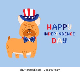 4th July Independence Day. dogs wearing clothes, accessories party hats in colors of American flag