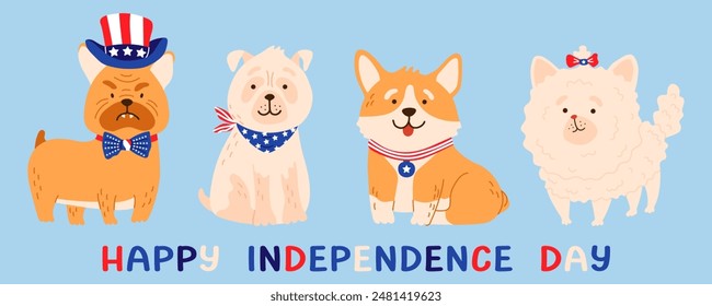 4th July Independence Day. dogs wearing clothes, accessories party hats in colors of American flag