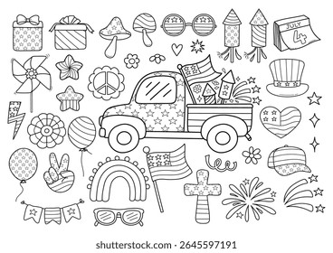 4th of July or Independence Day Doodle Cartoon Style Hand Drawn Elements Outline Coloring Page Vector