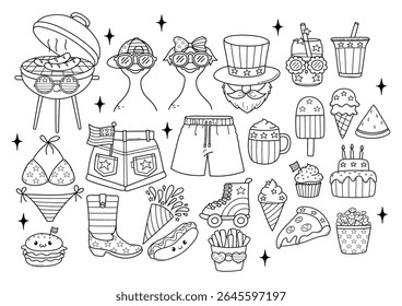 4th of July or Independence Day Doodle Cartoon Style Hand Drawn Elements Outline Coloring Page Vector