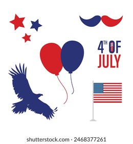 4th of July independence day elements, Balloon, Bald eagle, Stars and American flag. Vector Illustration set