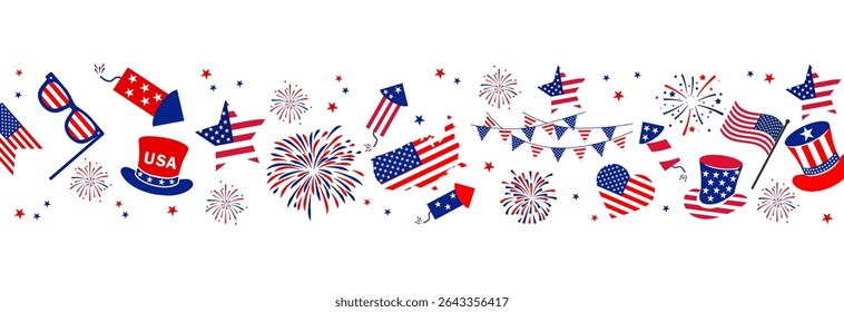 4th july Independence Day fireworks border .Red, blue fireworks for 4th of July . Fourth of July background . United States of America celebration firecrackers . USA exploding fireworks .