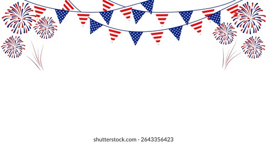 4th july Independence Day fireworks frame .Red, blue fireworks for 4th of July . Fourth of July background . United States of America celebration firecrackers border . USA exploding fireworks .