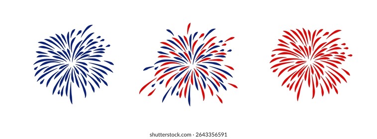 4th july Independence Day fireworks collection .Red, blue fireworks for 4th of July . Fourth of July elements . United States of America celebration firecrackers set. USA exploding fireworks .