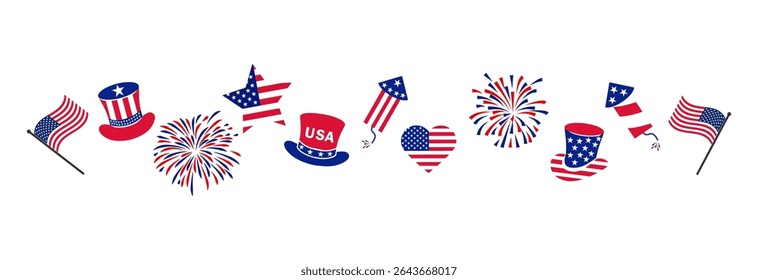 4th july Independence Day fireworks border .Red, blue fireworks for 4th of July . Fourth of July background . United States of America celebration firecrackers . USA exploding fireworks .